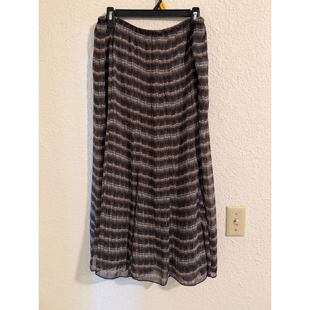 Notations Brown Abstract Striped Metallic Chiffon Maxi Skirt XL Lined Elastic